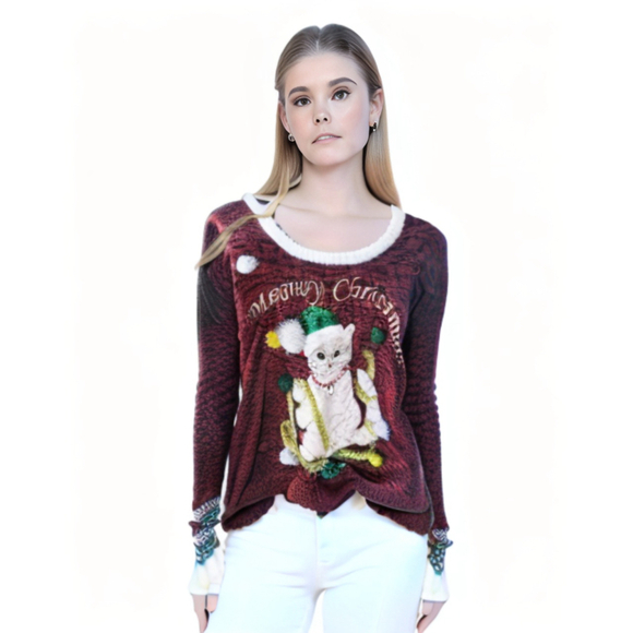 United States Christmas Ugly Christmas “Meowy Christmas” Cat Sweater - Picture 1 of 8